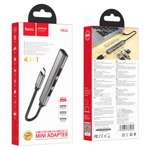HOCO HB26 4 in 1 Converter Type-C Male naar USB3.0+USB2.0