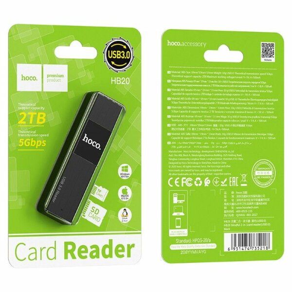 HOCO USB Card Reader HB20 Mindful, 2in1, 5 Gb/S, USB 3.0- Black 