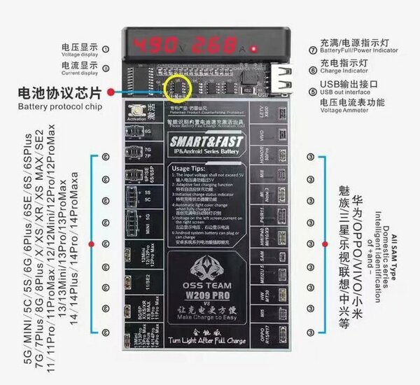OSS W209 PRO V8 Battery Charger Board For iPhone 6-14 Pro max Test Fixture For Huawei Samsung Batteries Activation 