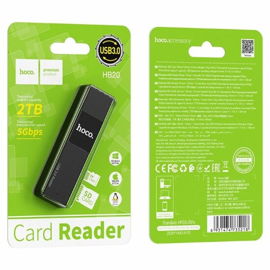 HOCO USB Card Reader HB20 Mindful, 2in1, 5 Gb/S, USB 3.0- Black 